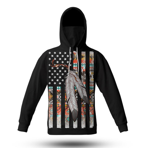 GB-NAT00108 Native American Flag Feather 3D Hoodie With Mask
