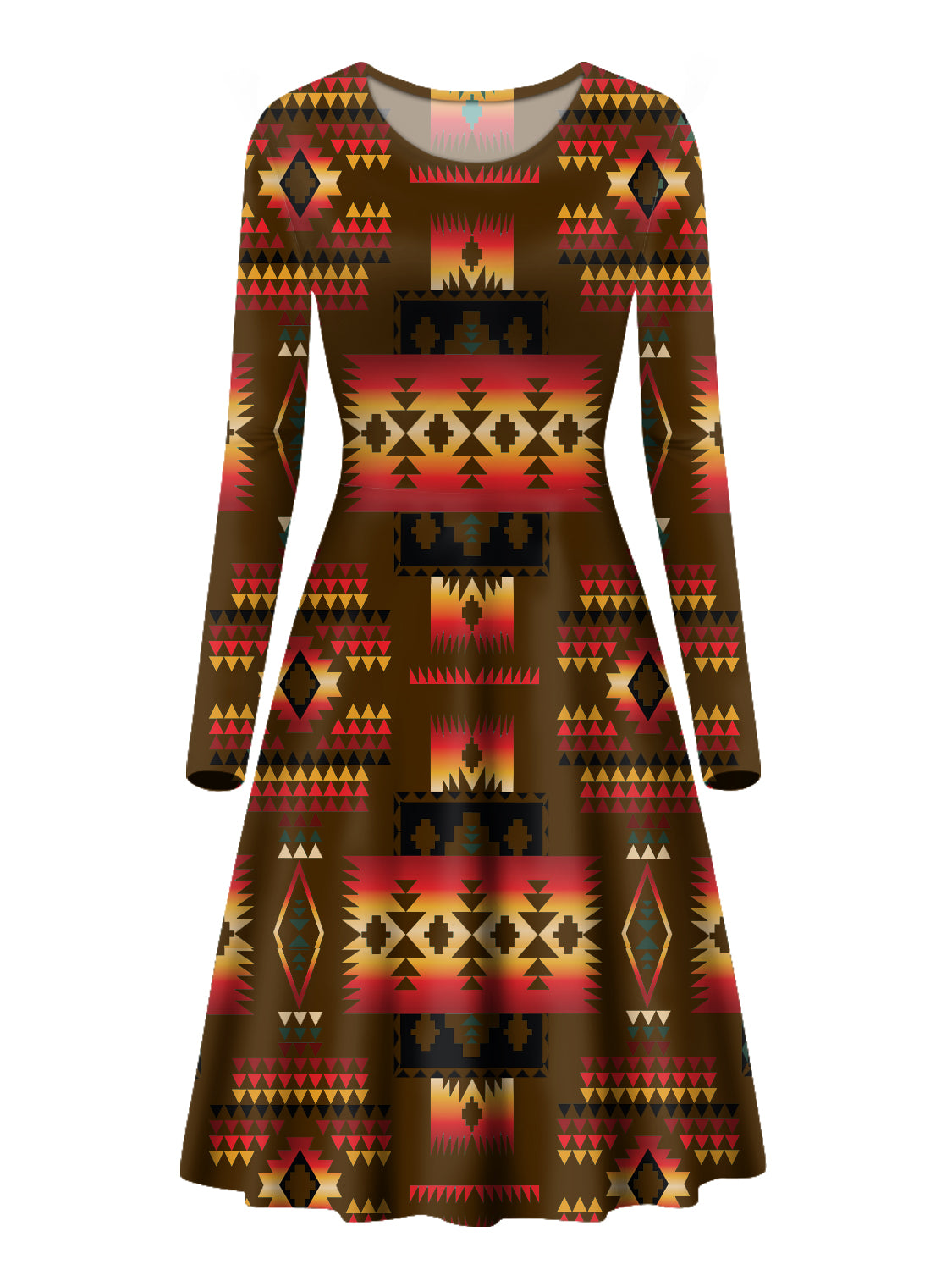 GB-NAT00046-08 Brown Native Pattern Long Sleeve Dress - Powwow Store