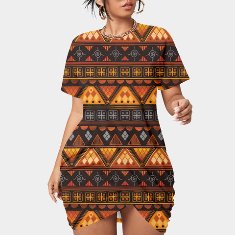 GB-NAT00656-02 Pattern Native Women’s Stacked Hem Dress With Short Sleeve