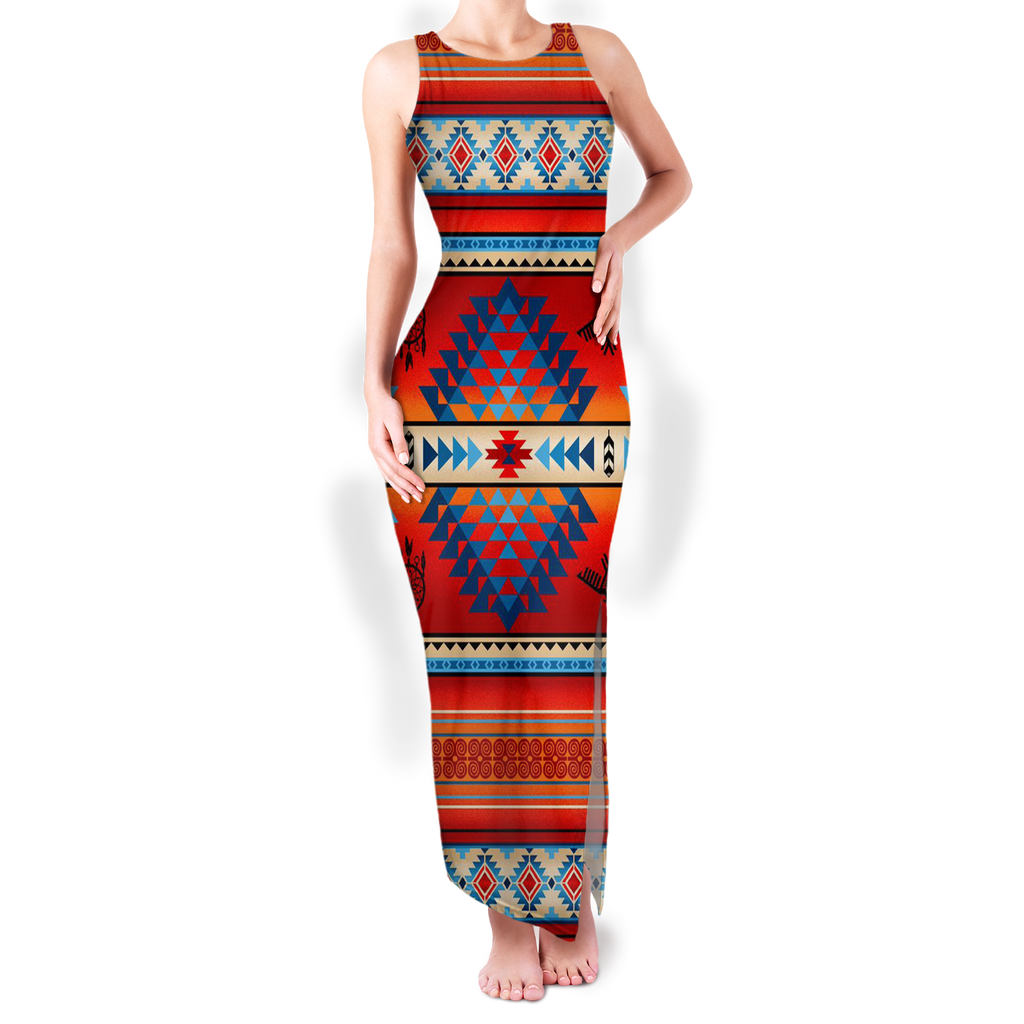 Powwow StoreGBNAT0008701 Pattern Native Round Neck Double Slit Sundress