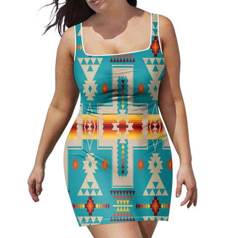 GB-NAT00062-05 Turquoise Tribe Design Neckline Dress