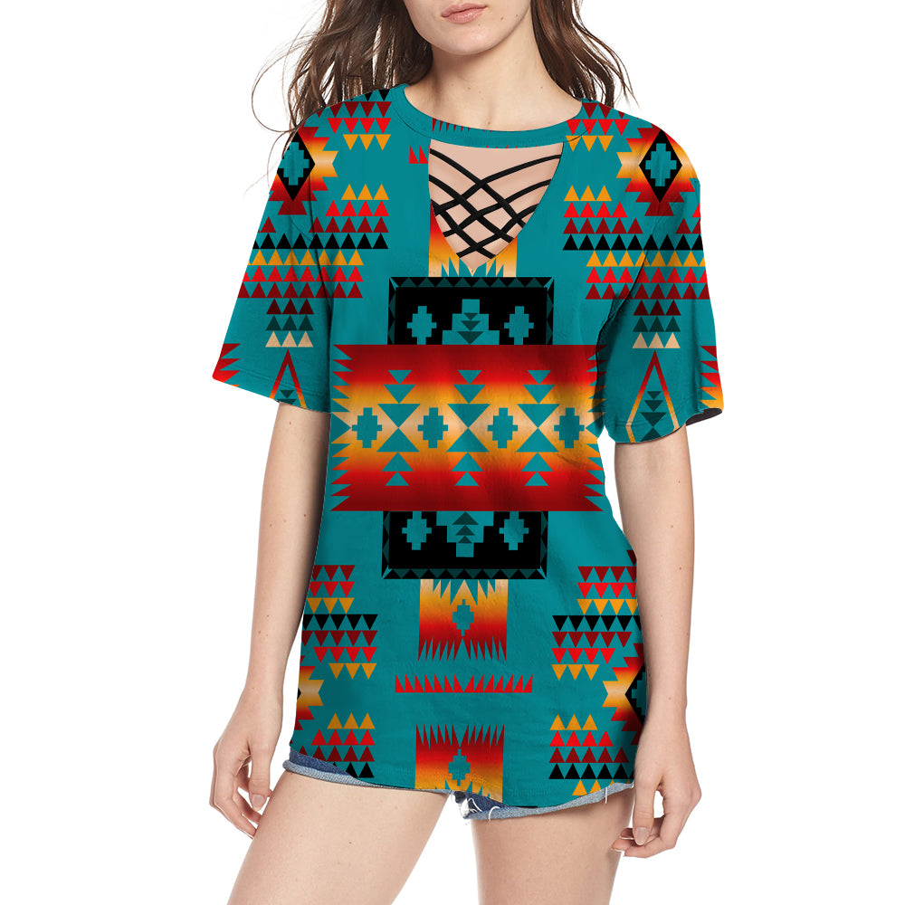 GB-NAT00046-14 Blue Native Tribes Pattern Native American Round Neck Hollow Out Tshirt - Powwow Store