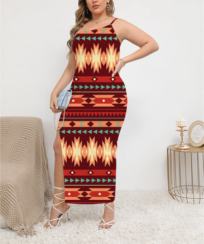 Powwow StoreGBNAT00510 Pattern Native ObliqueShoulder Exposure Dress With Side Split