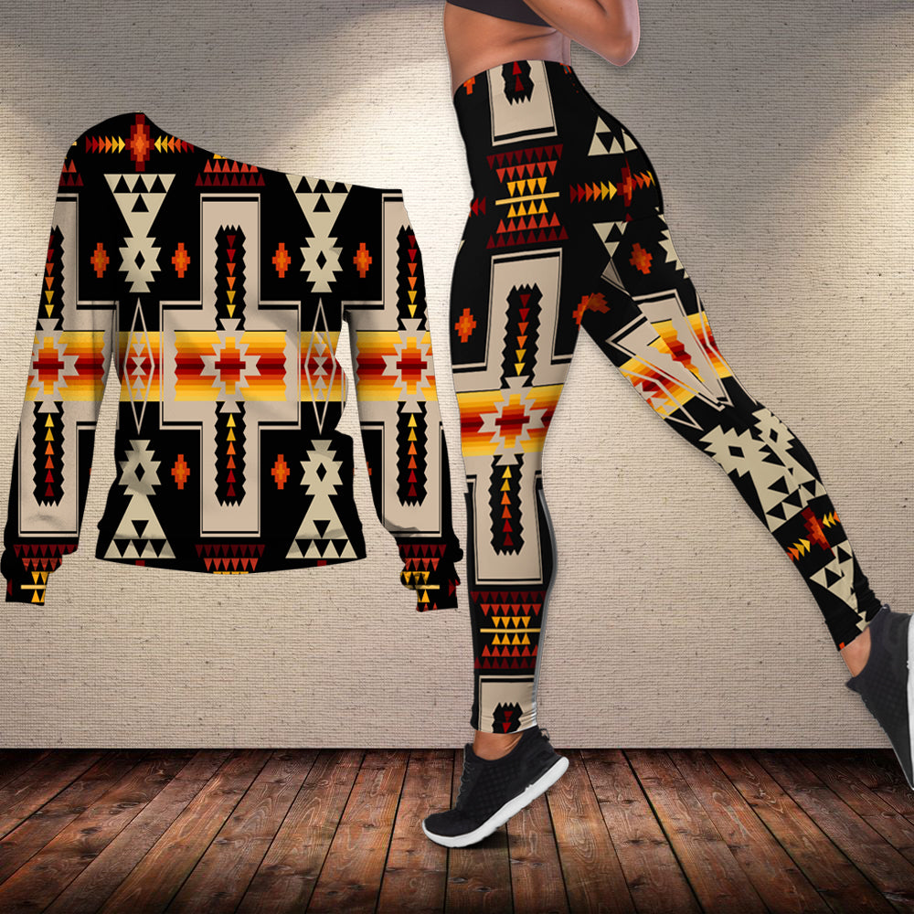 GB-NAT00062-01 Black Tribe Design Native American Off-shoulder Sweater Legging Set