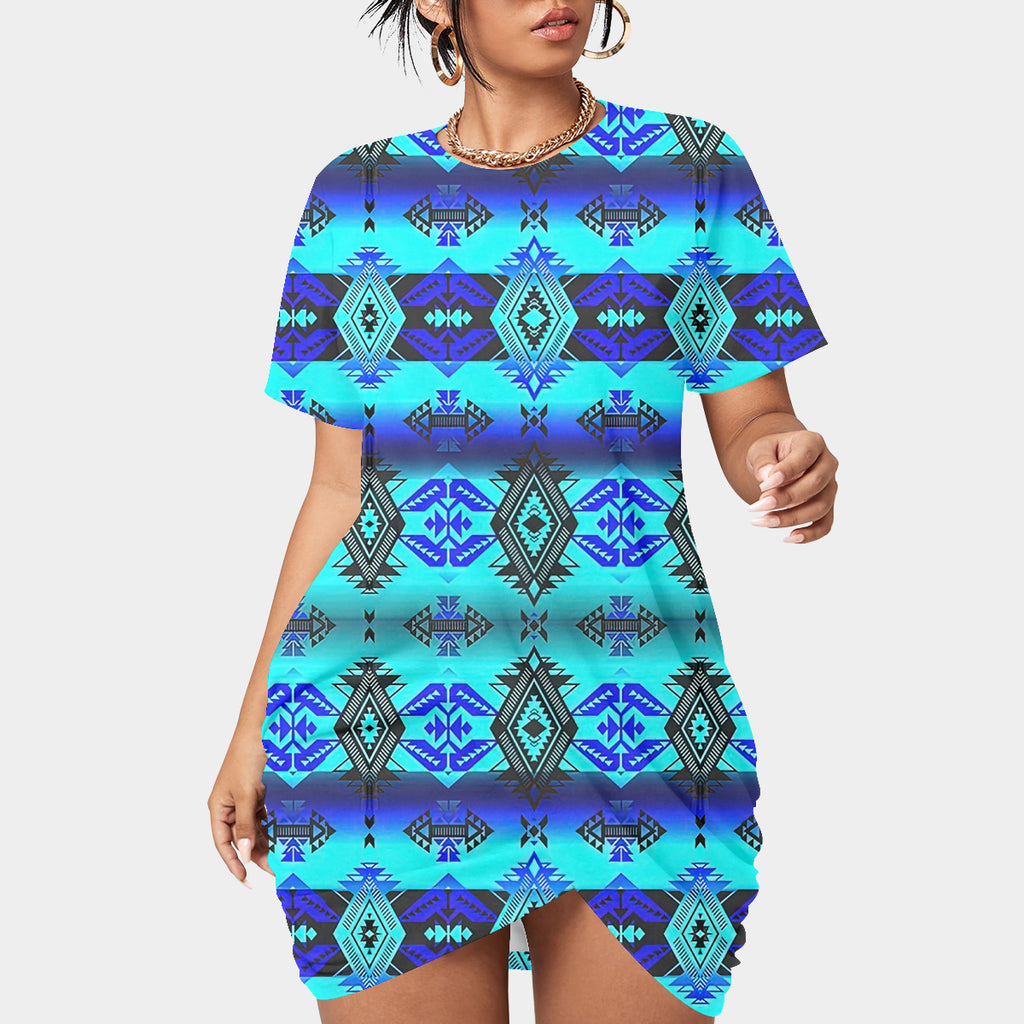 Powwow StoreGBNAT00625 Pattern Native Women’s Stacked Hem Dress With Short Sleeve