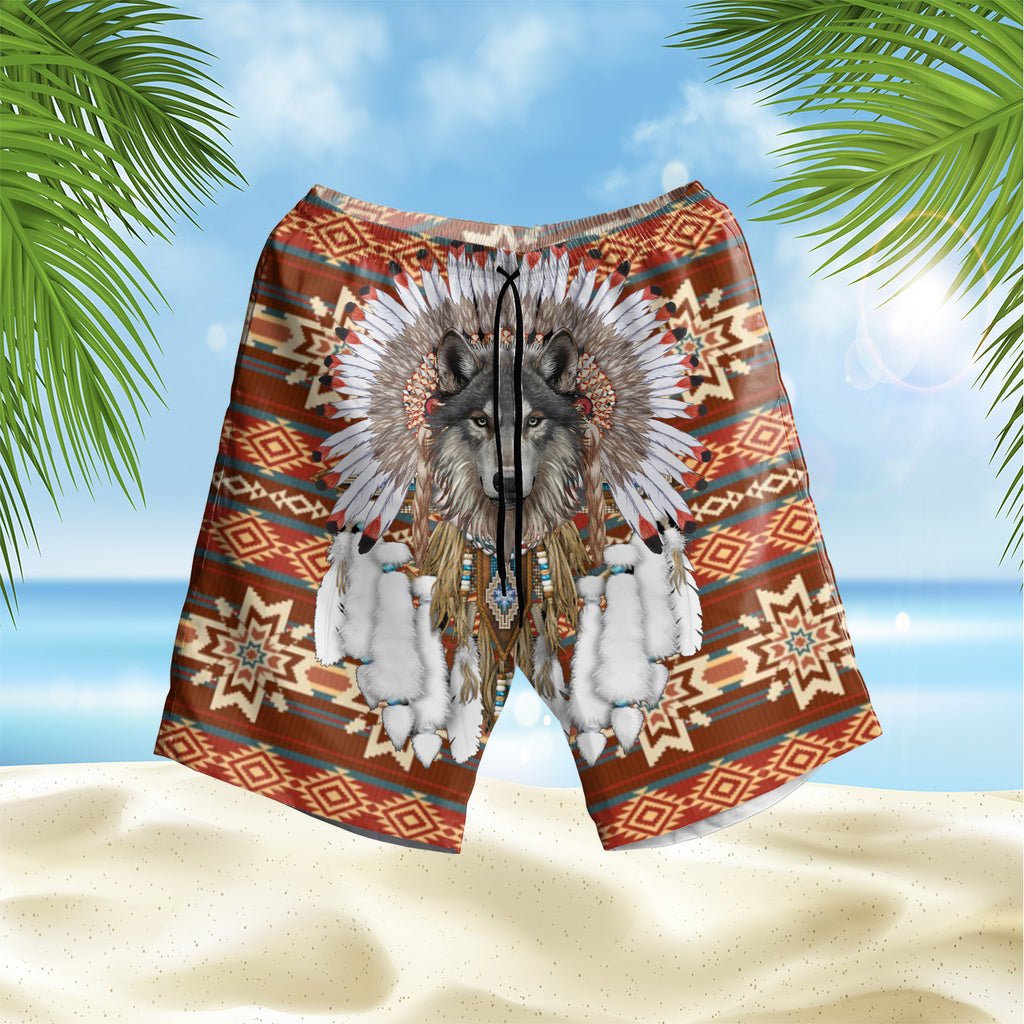 Powwow StoreGBHS00013 Pattern Red Wolf Hawaiian Shorts