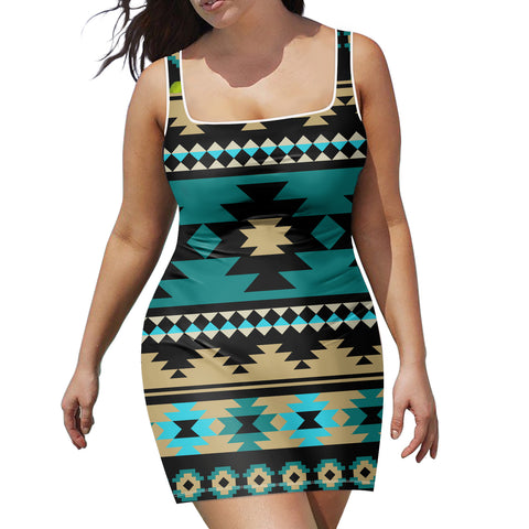 GB-NAT00509 Green Ethnic Aztec Pattern Neckline Dress