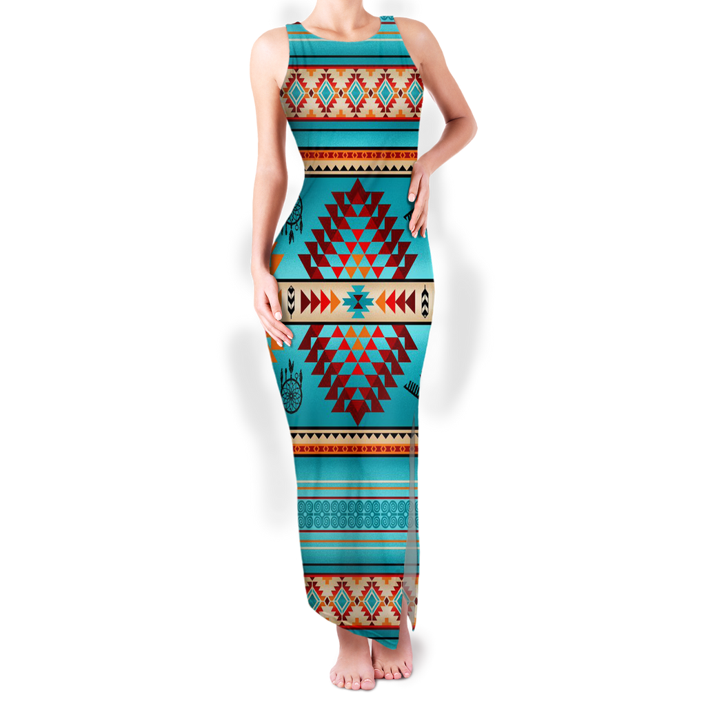 Powwow StoreGBNAT0008702 Pattern Native Round Neck Double Slit Sundress