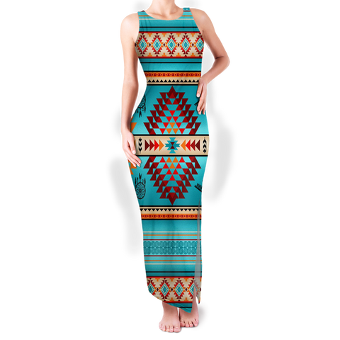 Powwow StoreGBNAT0008702 Pattern Native Round Neck Double Slit Sundress