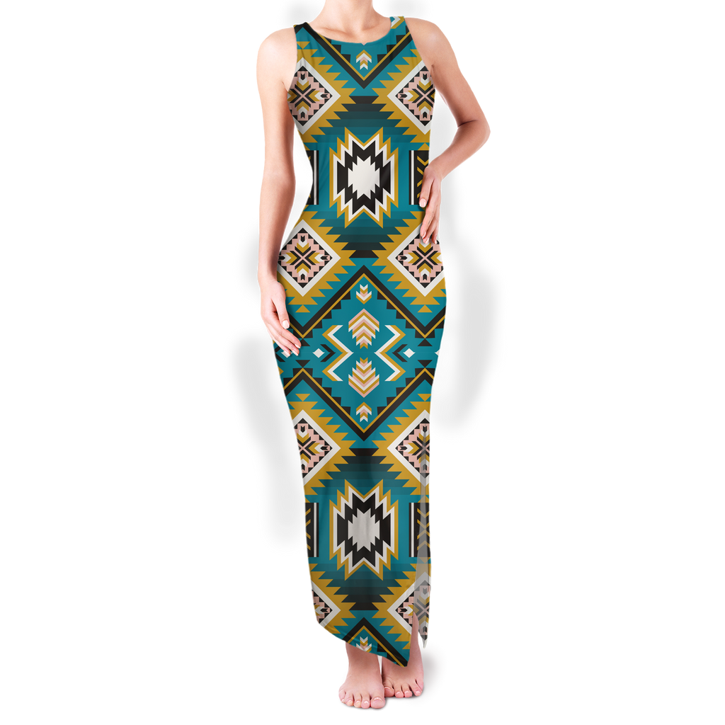 Powwow StoreGBNAT00114 Pattern Native Round Neck Double Slit Sundress