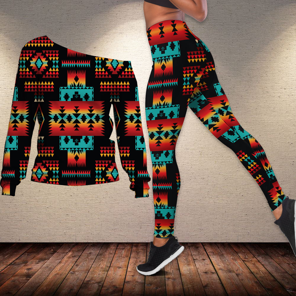 GB-NAT00046-02 Black Native Tribes Pattern Off-shoulder Sweater Legging Set