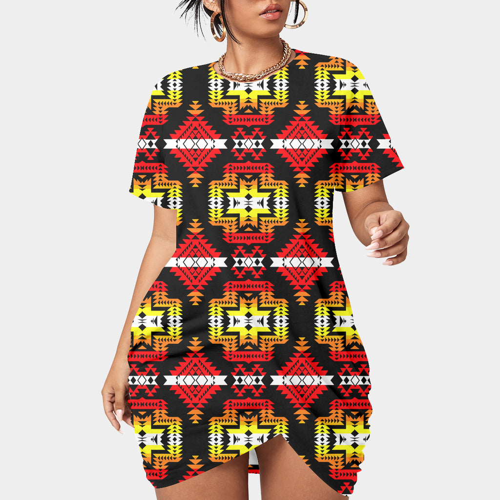 Powwow StoreGBNAT00656 Pattern Native Women’s Stacked Hem Dress With Short Sleeve