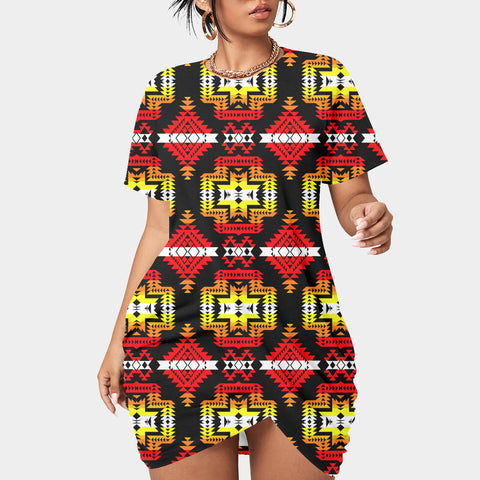 GB-NAT00656 Pattern Native Women’s Stacked Hem Dress With Short Sleeve
