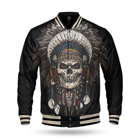 GB-NAT00044 Feather Chief Skull Native American Baseball Jacket