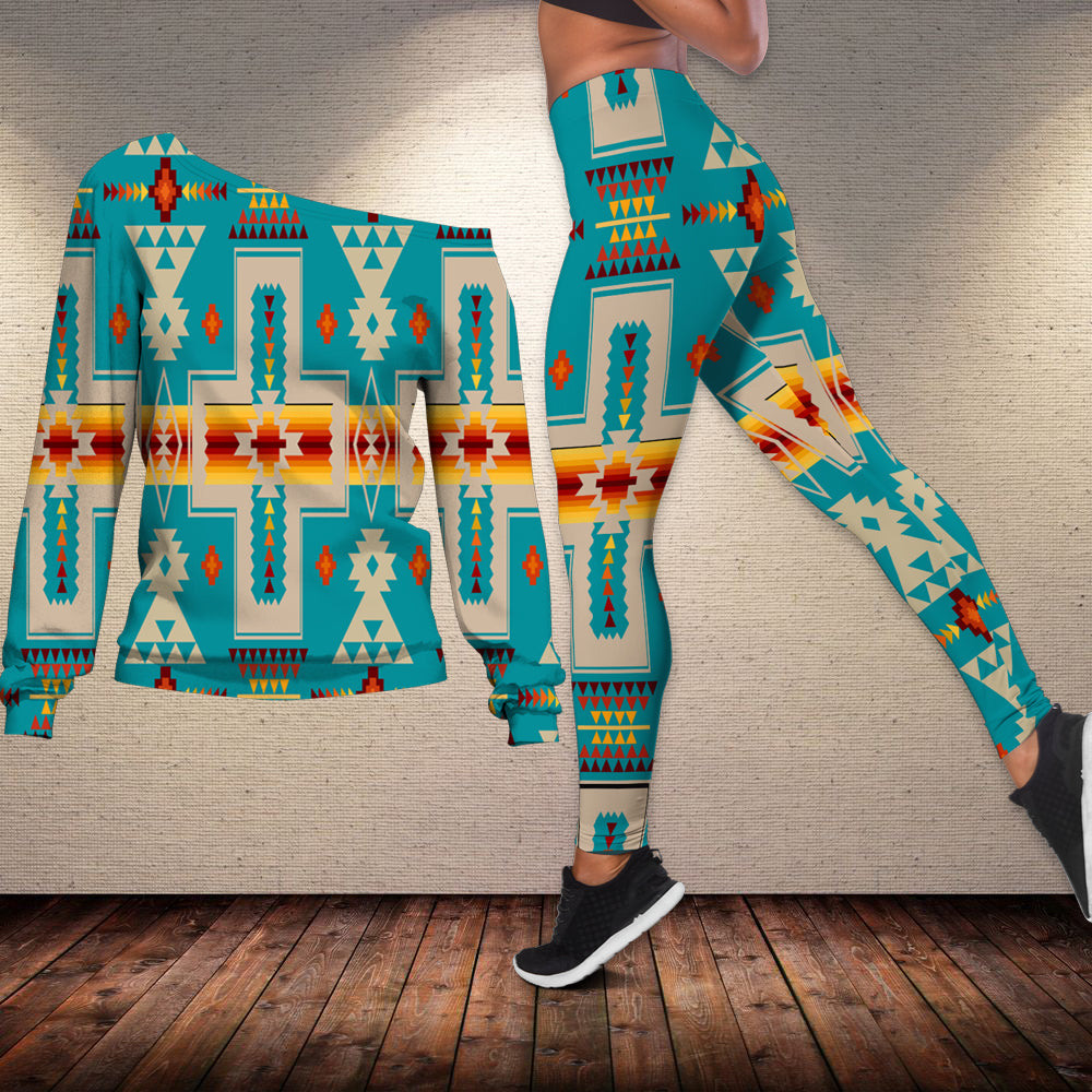 Powwow Store gb nat00062 05 turquoise tribe design off shoulder sweater legging set