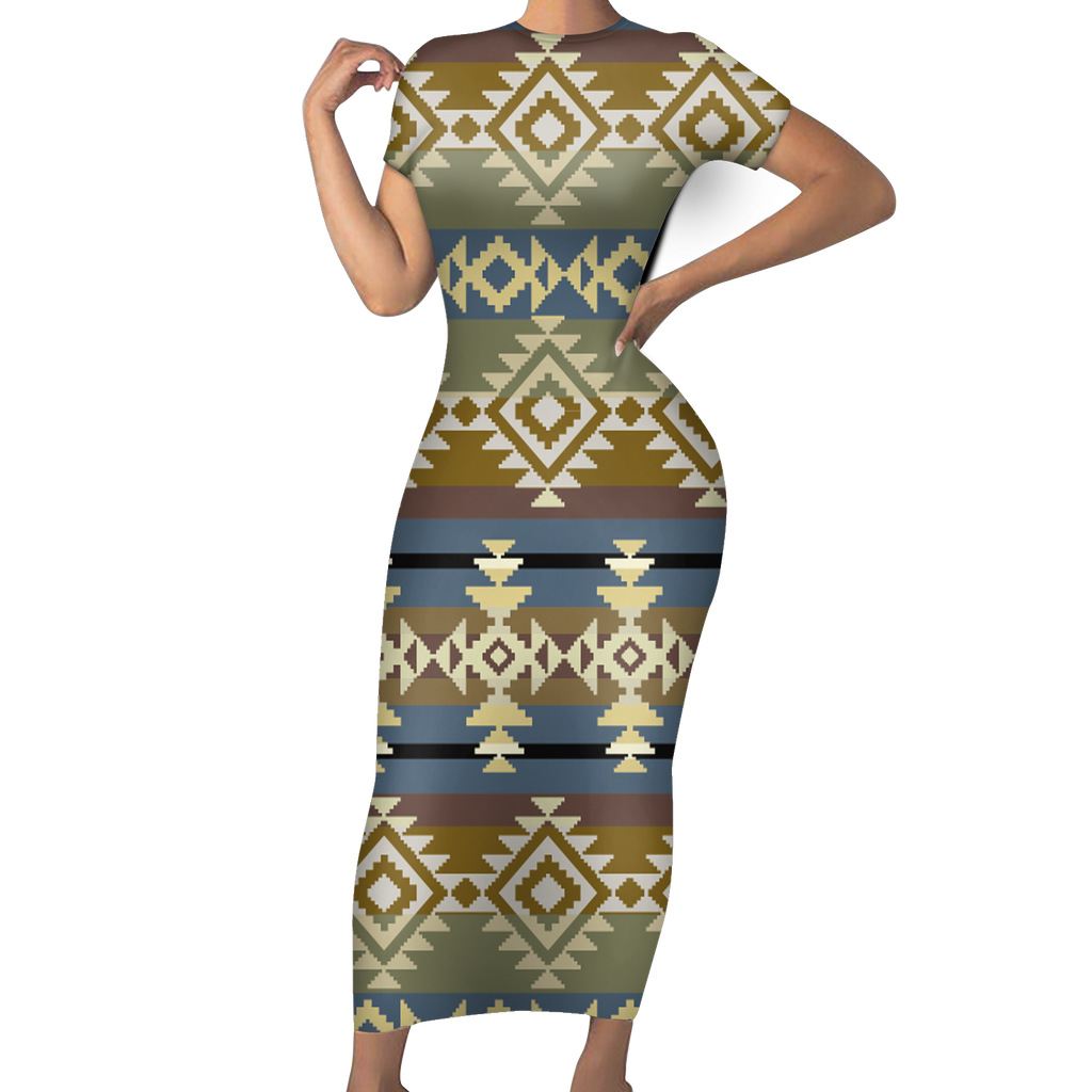 Powwow StoreGBNAT00750 Pattern Native ShortSleeved Body Dress