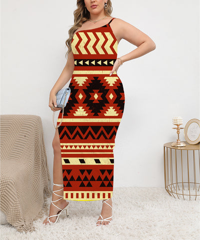 Powwow StoreGBNAT00521 Pattern Native ObliqueShoulder Exposure Dress With Side Split