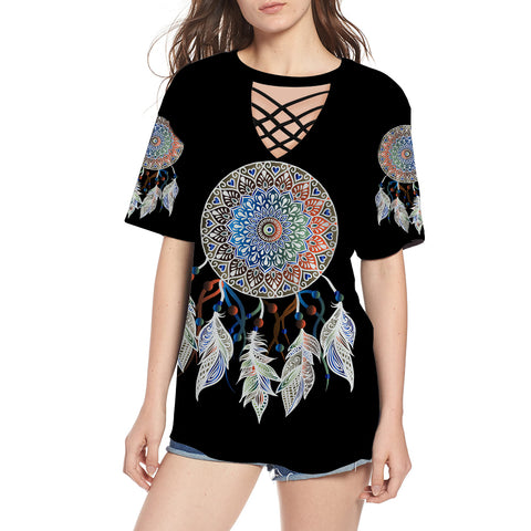 Powwow Store gb nat00259 mandala dream catcher round neck hollow out tshirt