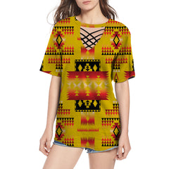 GB-NAT00302-02 Yellow Tribes Pattern Native American Round Neck Hollow Out Tshirt - Powwow Store