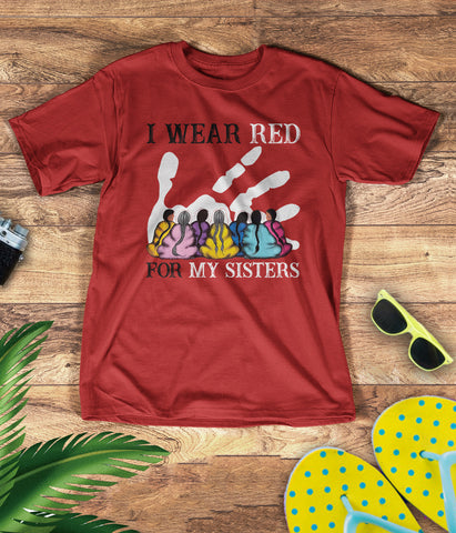 TS0059 I Wear Red For My Sisters Native American Stop MMIW Red Hand No More Stolen Sisters 3D T-Shirt