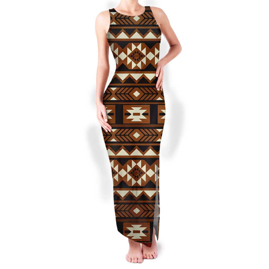 Powwow StoreGBNAT00508 Pattern Native Round Neck Double Slit Sundress