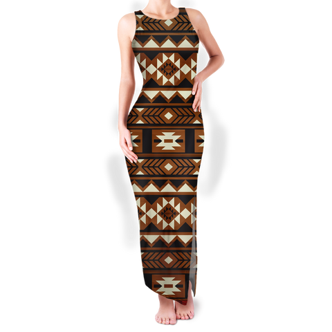 GB-NAT00508 Pattern Native Round Neck Double Slit Sundress