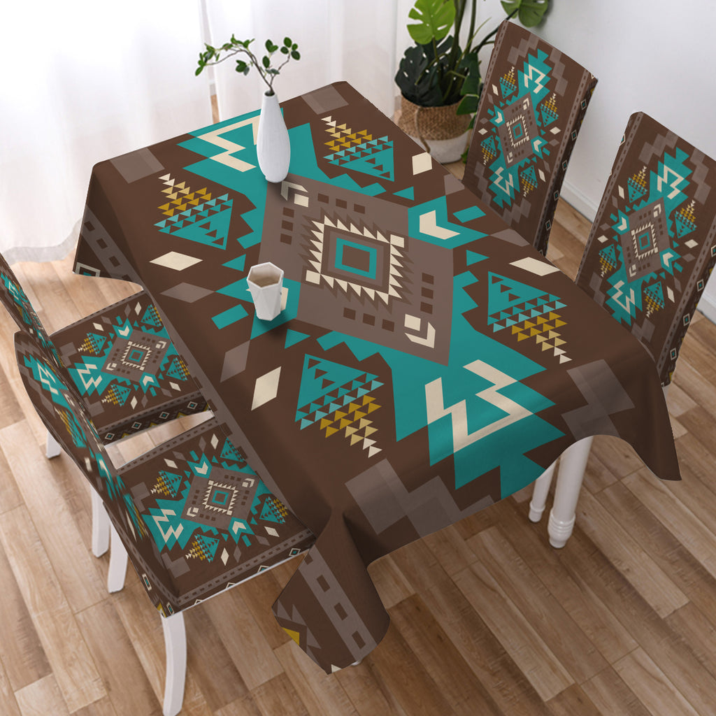 GB-NAT00538 Blue Pattern Brown Native  Tablecloth