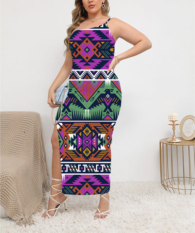 Powwow StoreGBNAT0007102 Pattern Native ObliqueShoulder Exposure Dress With Side Split