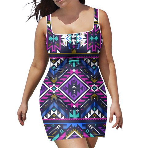 GB-NAT00380 Purple Tribe Pattern Neckline Dress