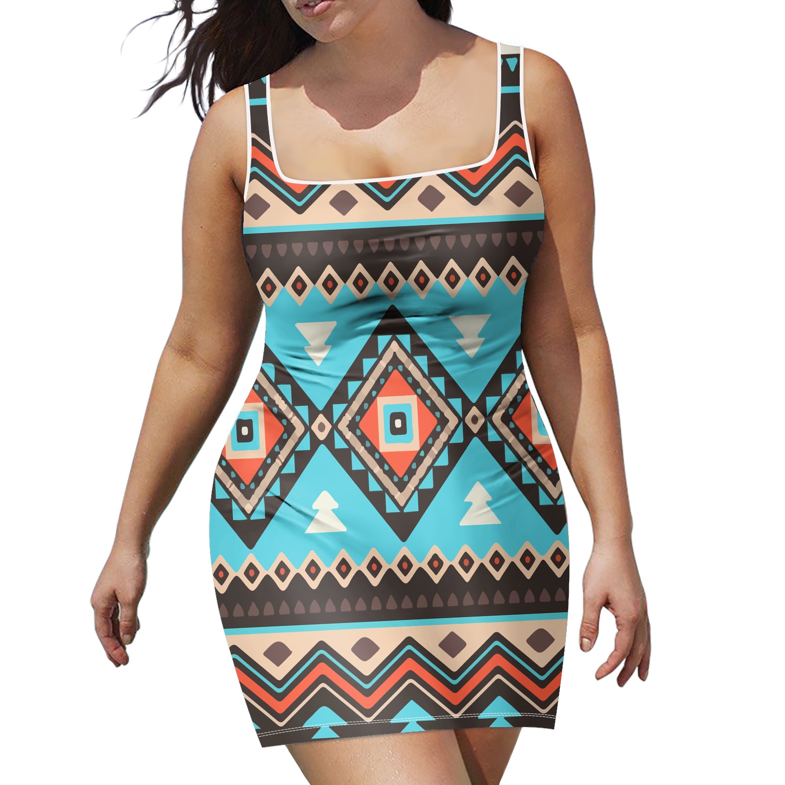 GB-NAT00319 Tribal Line Shapes Ethnic Pattern Neckline Dress - Powwow Store