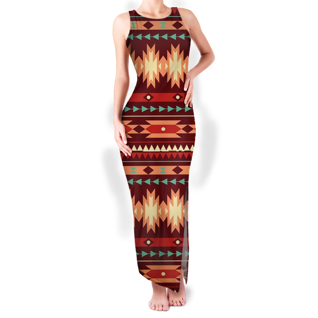 Powwow StoreGBNAT00509 Pattern Native Round Neck Double Slit Sundress