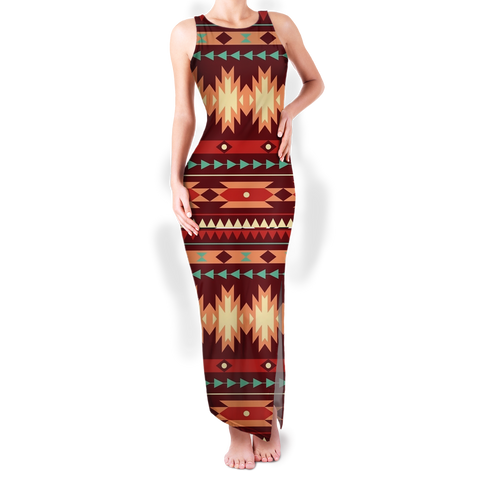 GB-NAT00509 Pattern Native Round Neck Double Slit Sundress