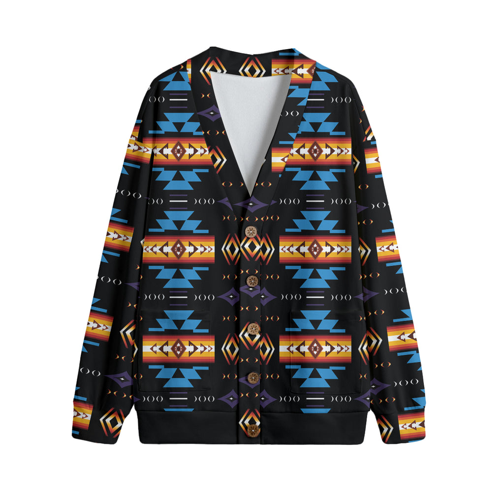 GB-NAT00363 Blue Pattern 3D V-neck Hacci Fleece Cardigan