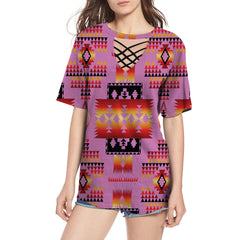 GB-NAT00046-09 Pink Tribes Pattern Native American Neck Hollow Out Tshirt - Powwow Store