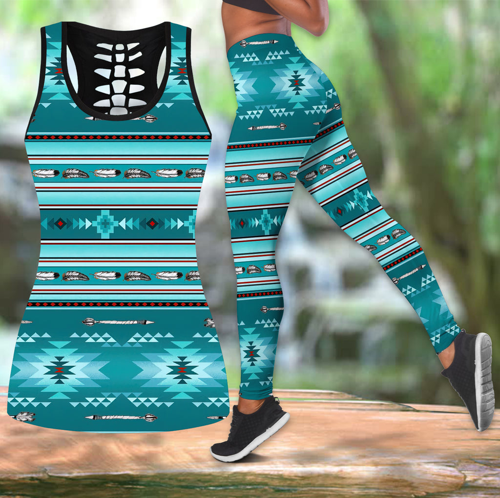 Powwow Store gb nat00602 blue light pattern hollow tanktop legging set