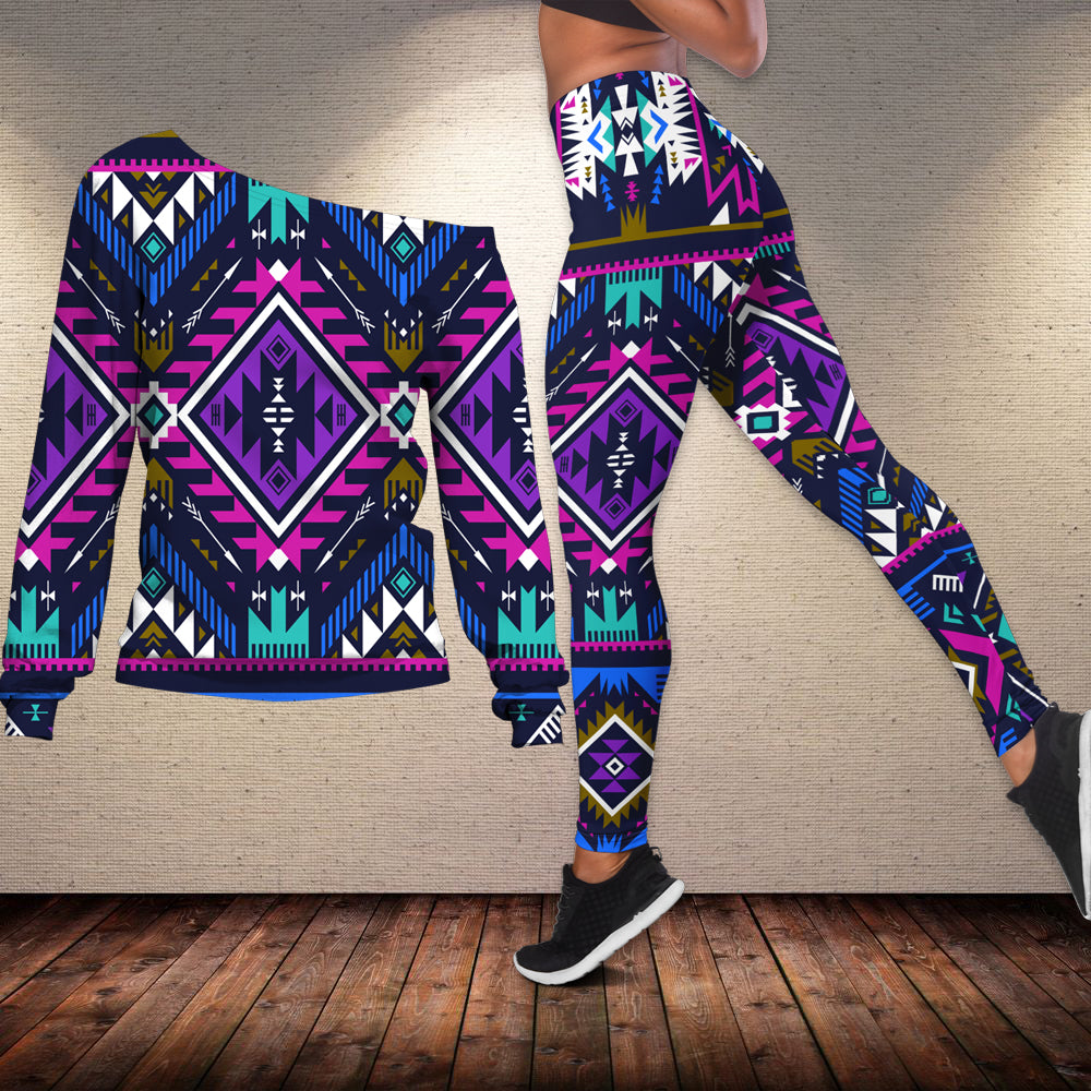 Powwow Store gb nat00380 purple tribe pattern off shoulder sweater legging set