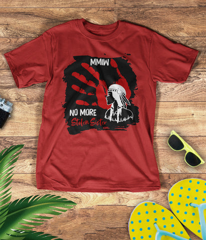 TS0057 I Wear Red For My Sisters Native American Stop MMIW Red Hand No More Stolen Sisters 3D T-Shirt