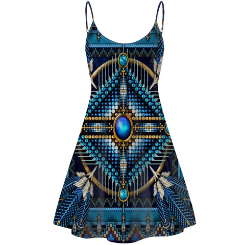 GB-NAT00083 Naumaddic Arts Blue Native American Strings Dress