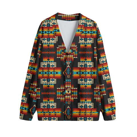 Powwow StoreGBNAT00402 Black Pattern 3D Vneck Hacci Fleece Cardigan