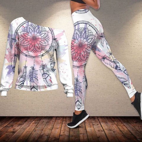 Powwow Store gb nat00379 pink water color dream catcher off shoulder sweater legging set