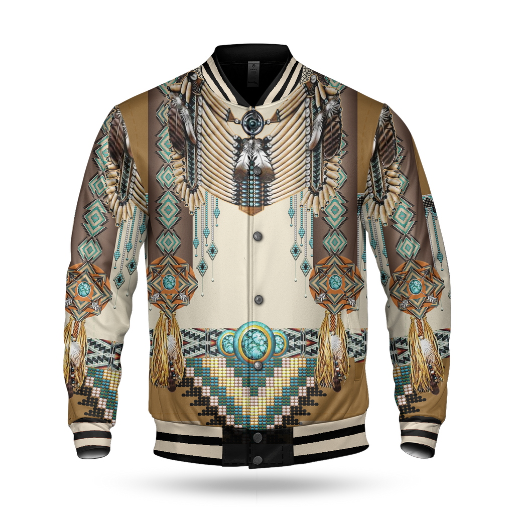 GB-NAT00059 Brown Pattern Breastplate Native American  Baseball Jacket