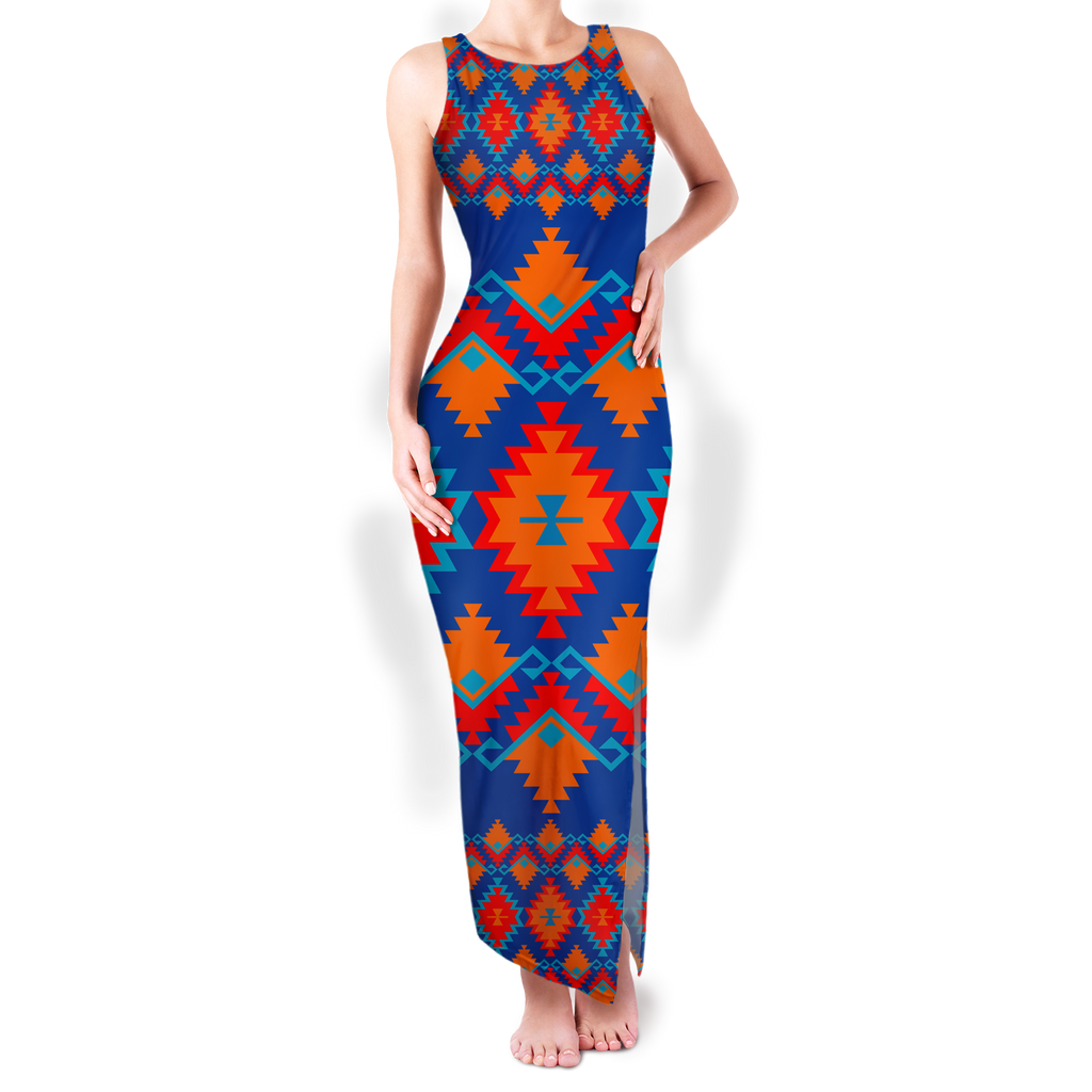 Powwow StoreGBNAT00520 Pattern Native Round Neck Double Slit Sundress