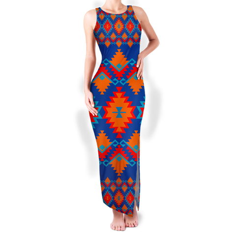 Powwow StoreGBNAT00520 Pattern Native Round Neck Double Slit Sundress