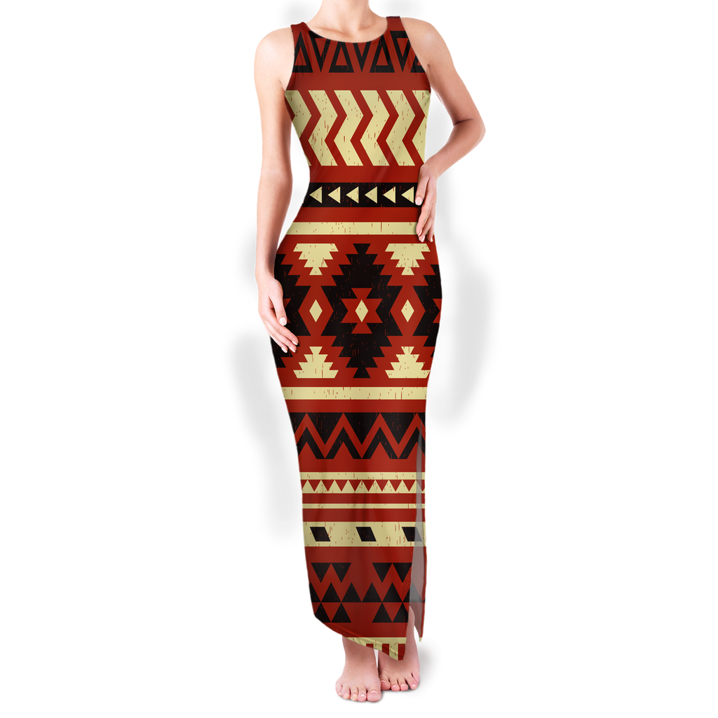 Powwow StoreGBNAT00521 Pattern Native Round Neck Double Slit Sundress