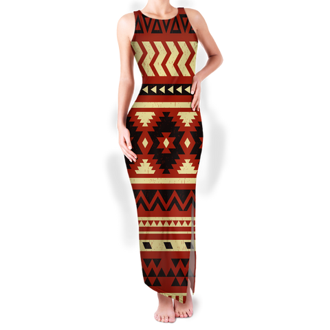 GB-NAT00521 Pattern Native Round Neck Double Slit Sundress