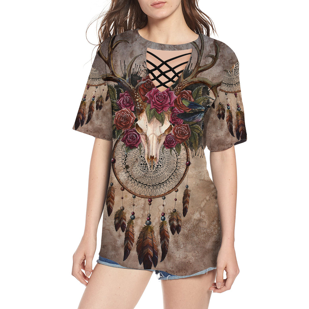 GB-NAT00563 Skull Bison With Rose Round Neck Hollow Out Tshirt - Powwow Store