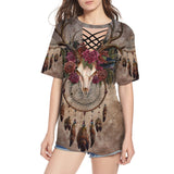 Powwow Store gb nat00563 skull bison with rose round neck hollow out tshirt