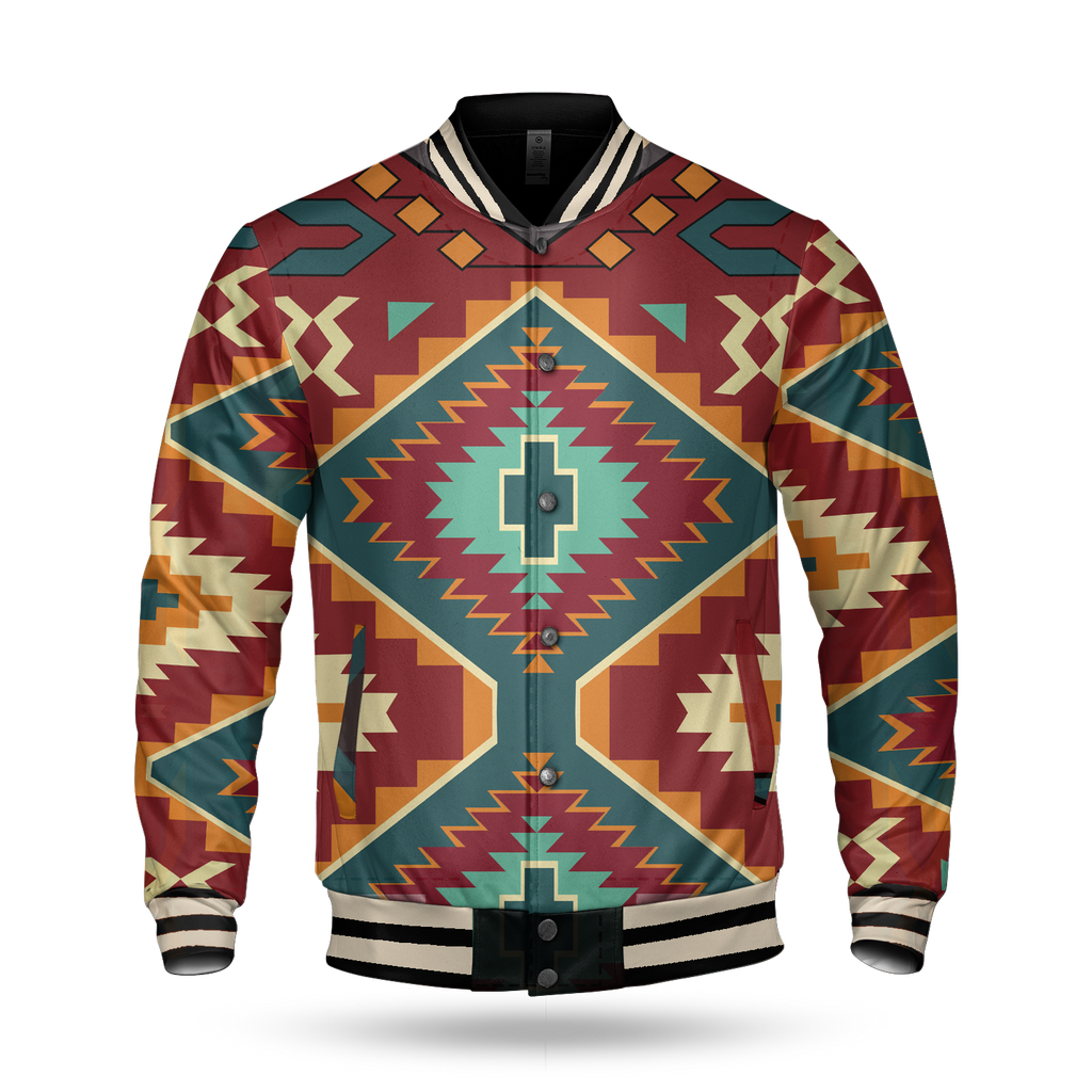 Powwow StoreGBNAT00061 Native Red Yellow Pattern  Baseball Jacket