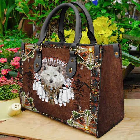 White Wolf With Headress Feathers Leather Bag