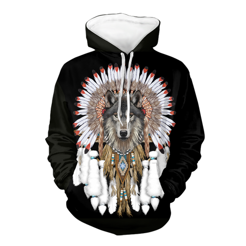 Powwow StoreGBNAT00446B Wolf With Feather Headdress 3D Hoodie